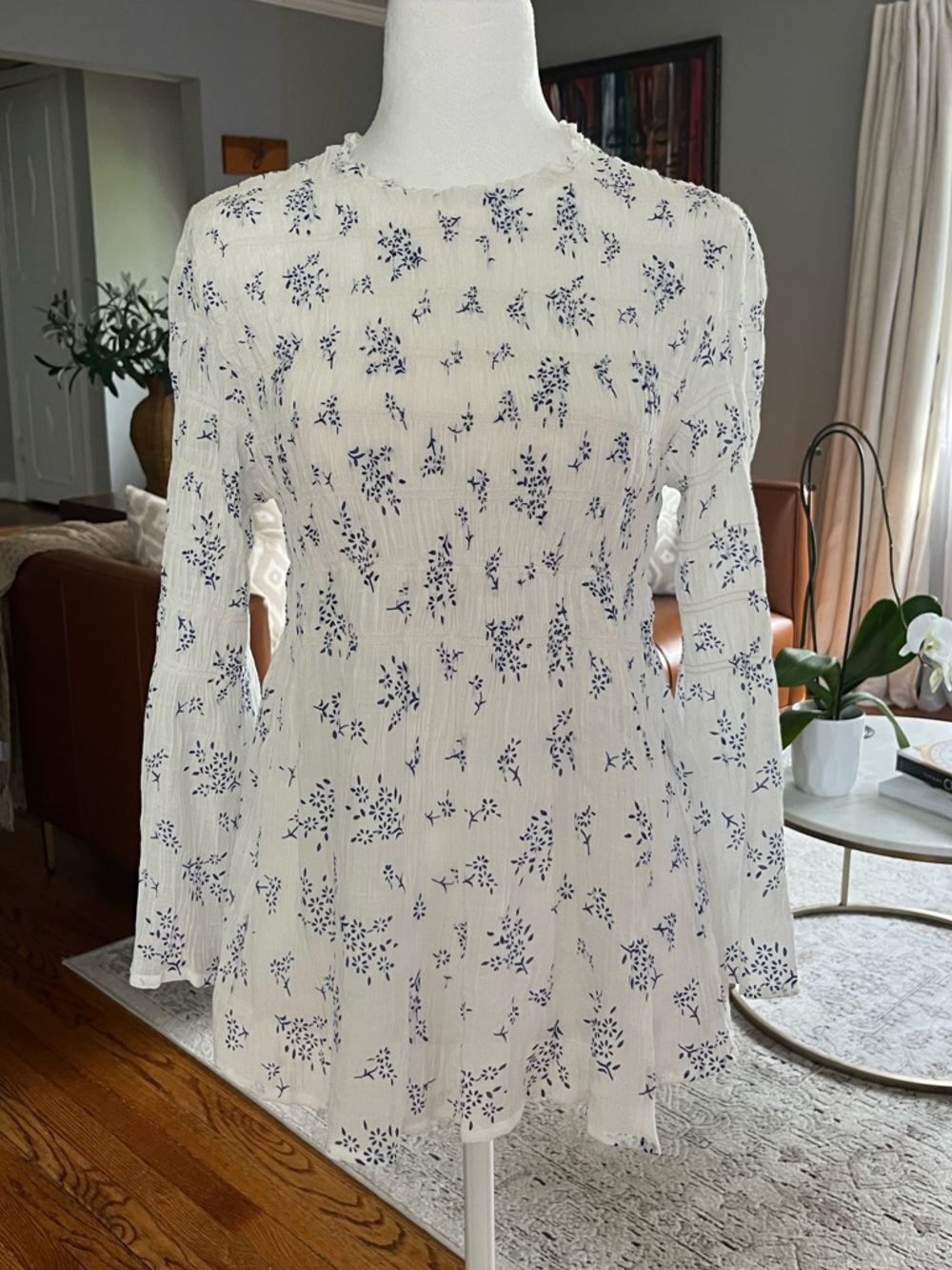 Adiva White & Blue Floral Smocked Blouse Size S Bell Sleeves Romantic Victorian